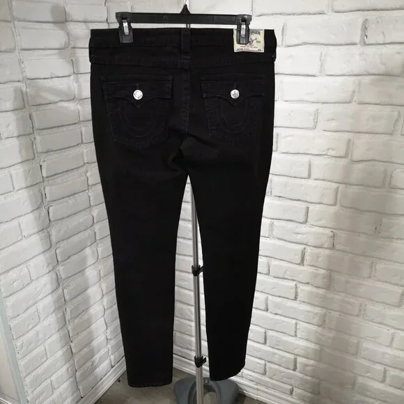 True Religion Ladies Size 31 Black World Tour Skinny Jeans w/ Purple Stitching - Picture 2 of 13